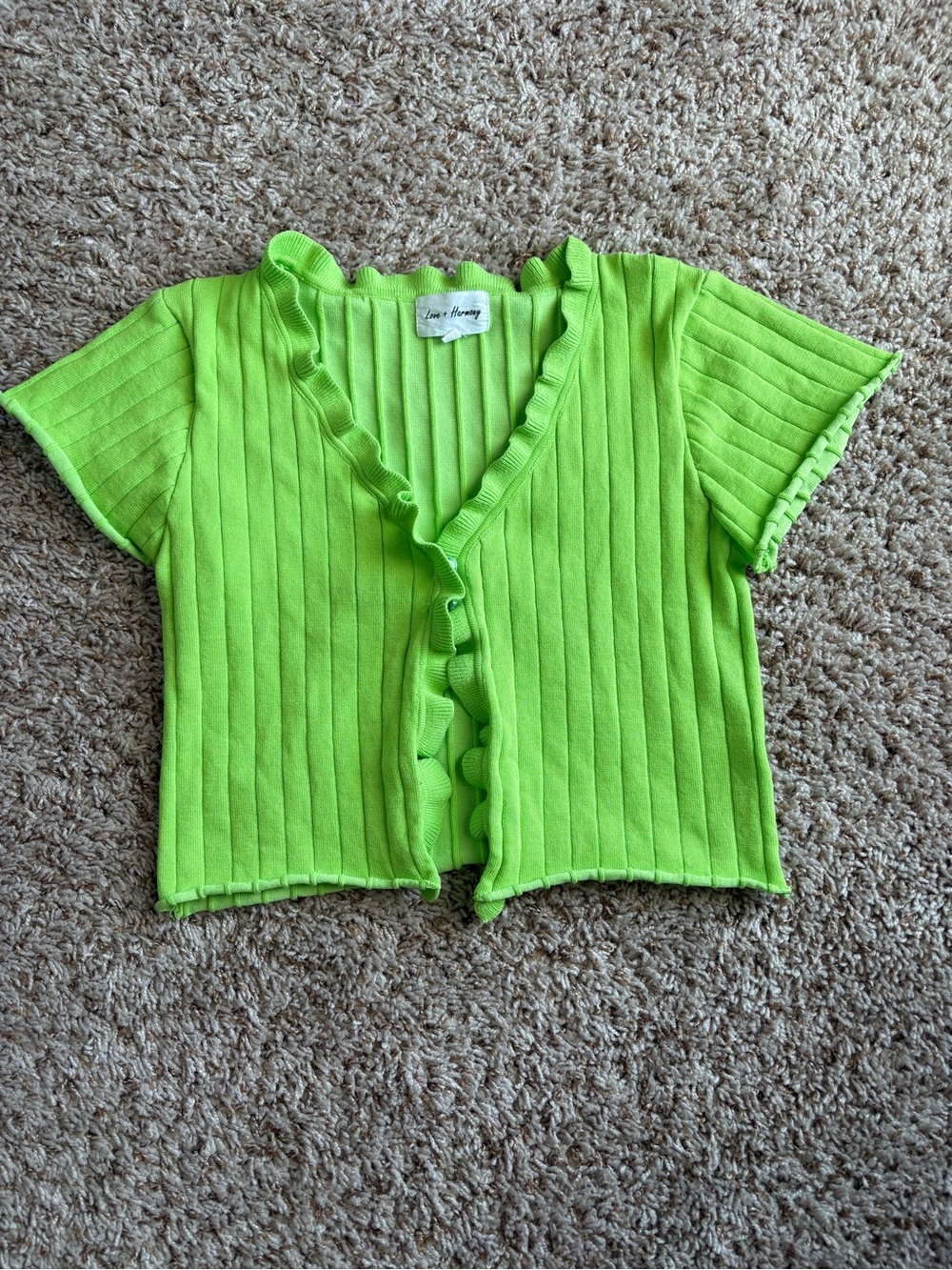 Dolls Kill Neon Green Ruffle-Trim Ribbed Short Sleeve Cardigan